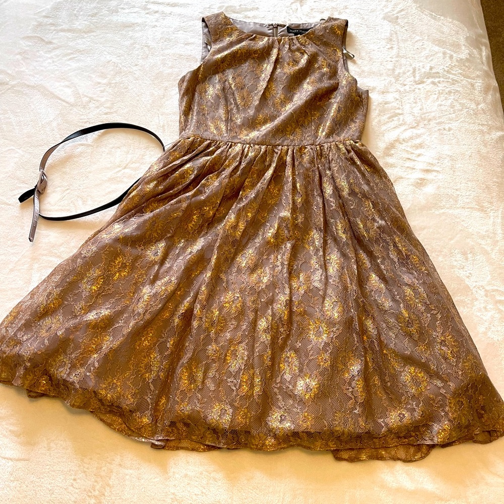 Dark beige and metallic gold lace dress